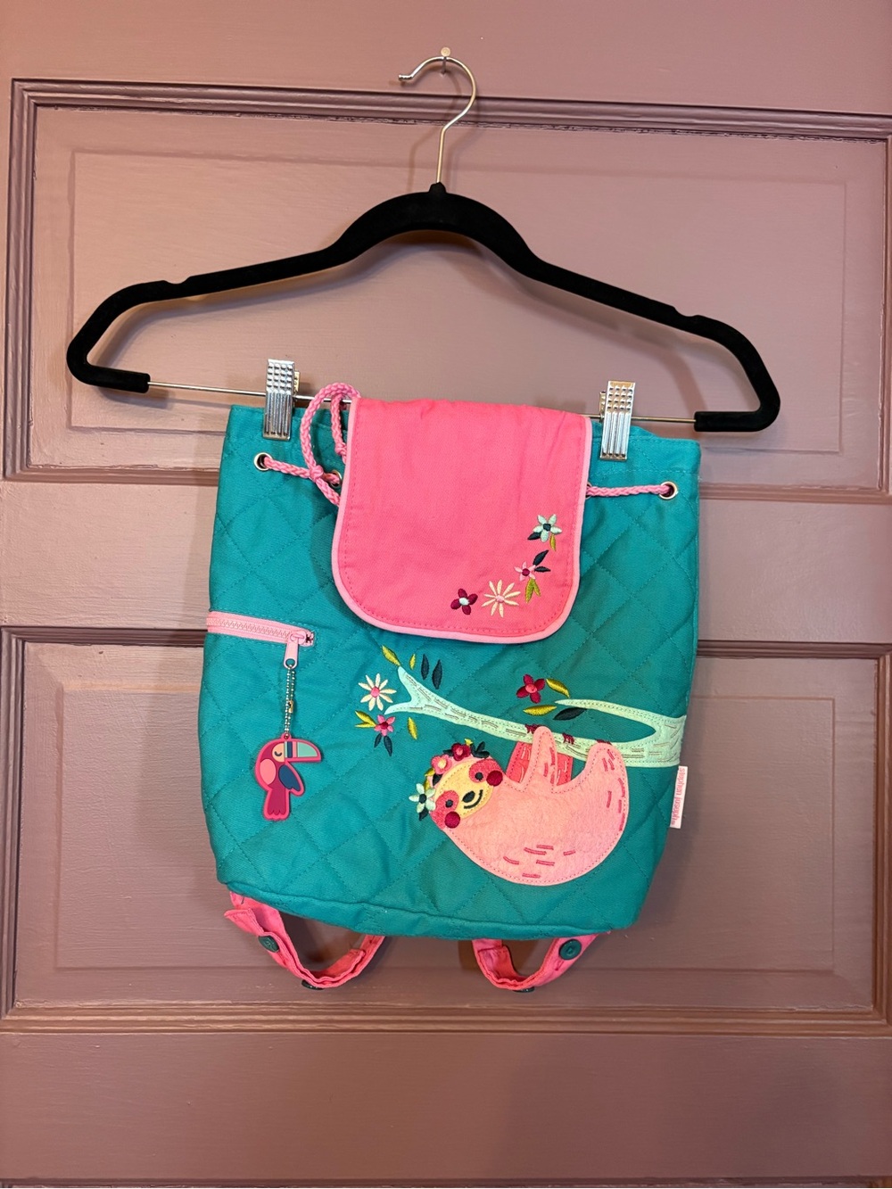 NWOT Stephen Joseph Kids Teal & Pink Sloth applique, quilted Backpack